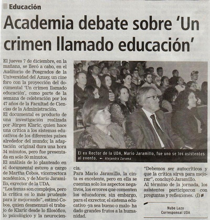 Academia debate sobre ‘Un crimen llamado educación’