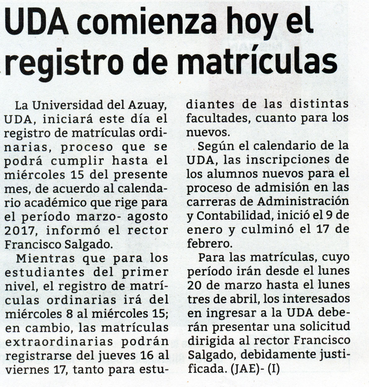 UDA comienza hoy el registro de matrículas