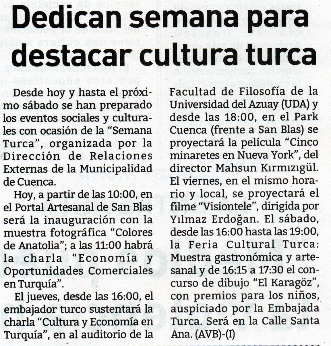 Dedican semana para destacar cultura turca