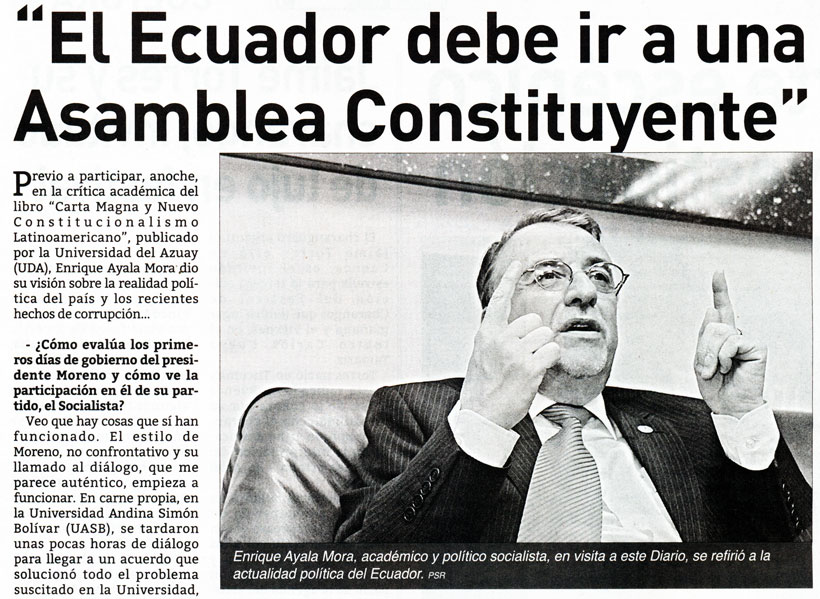 Enrique Ayala Mora: “El Ecuador debe ir a una Asamblea Constituyente”
