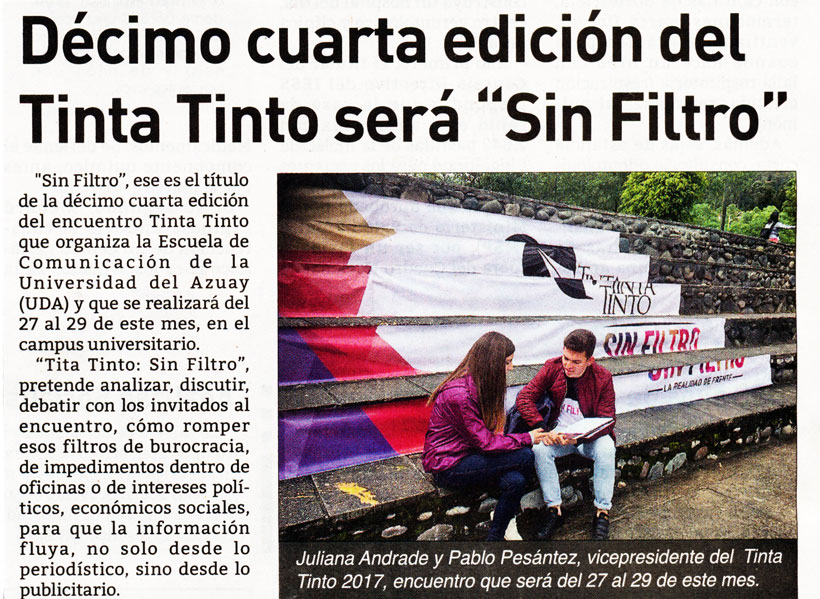 Décimo carta edición del Tinta Tinto será "Sin iltro"