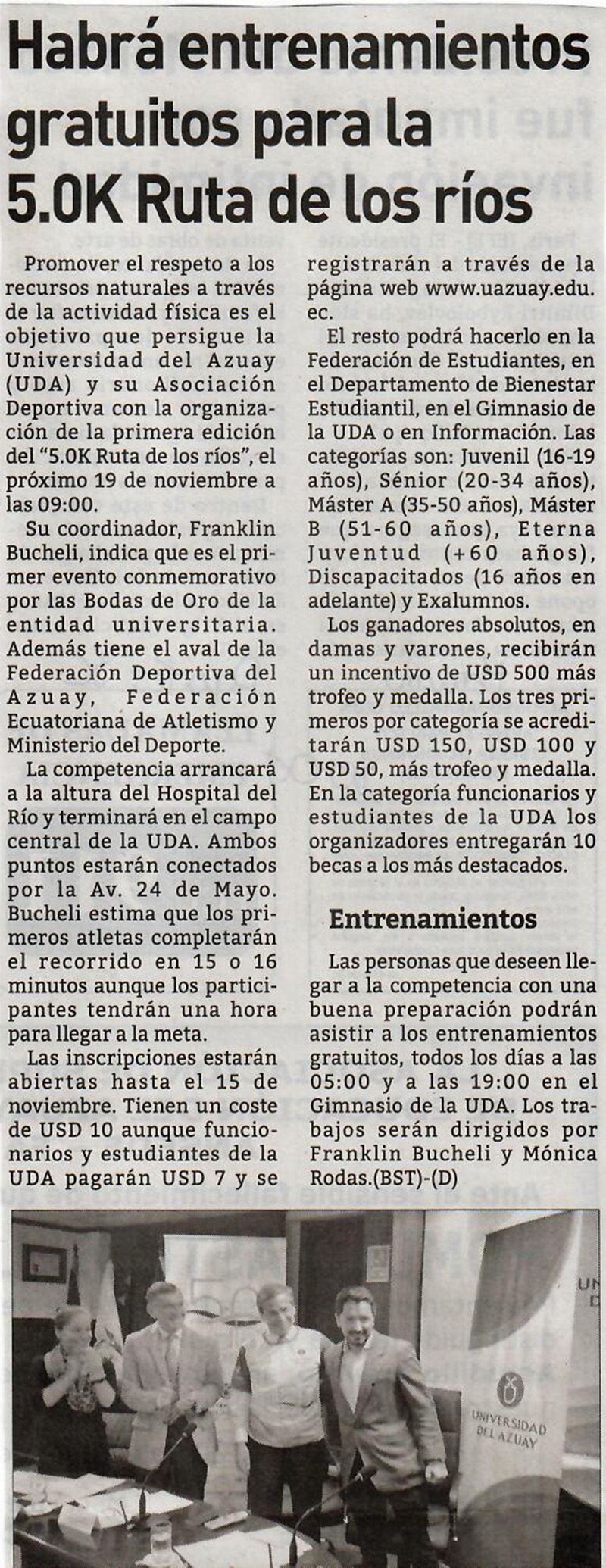 UDA ofrece entrenamientos gratuitos para 5.0K Ruta de los ríos