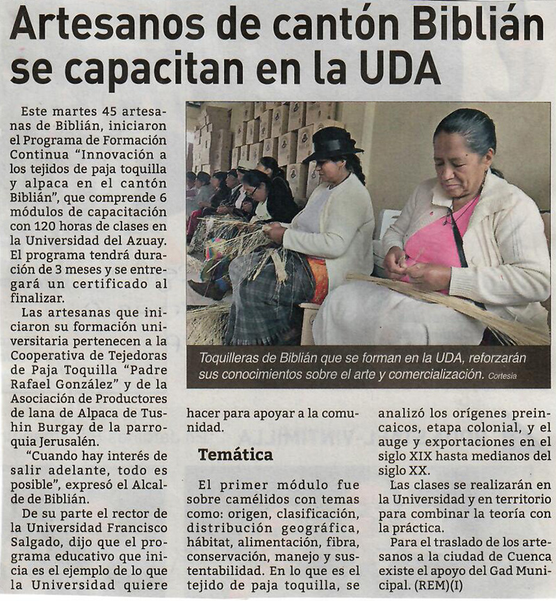 Artesanos del cantón Biblián se capacitan en la UDA