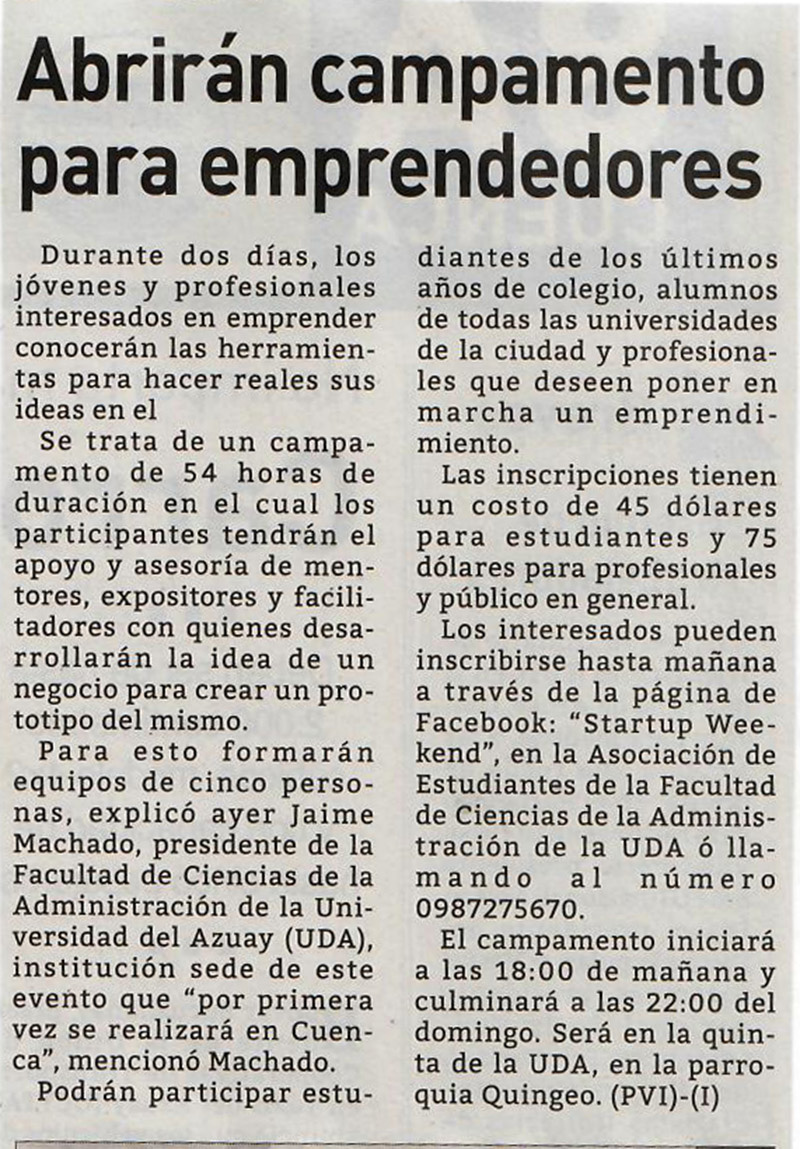 Abrirán campamento para emprendedores
