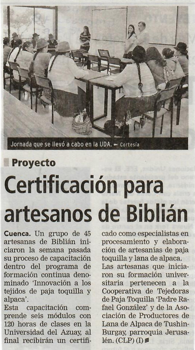 Certificación para artesanos de Biblián