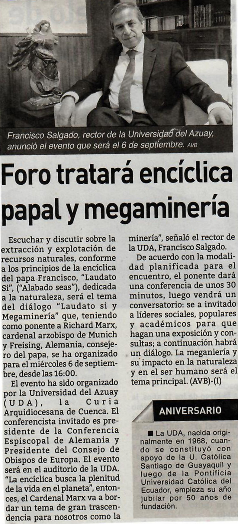 Foro tratará encíclica papal y megaminería