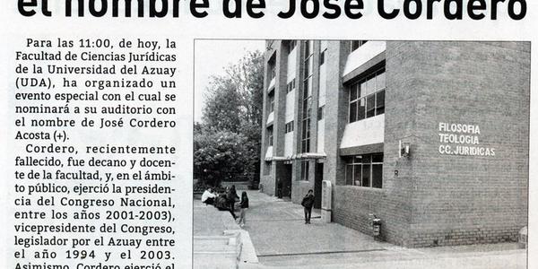 Auditorio de la UDA llevará el nombre de José Cordero