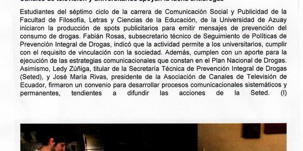 Canales de televisión y universitarios apoyan la lucha antidrogas